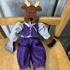Wooden Reindeer handmade painted folk art purple corduroy Christmas decor 16"